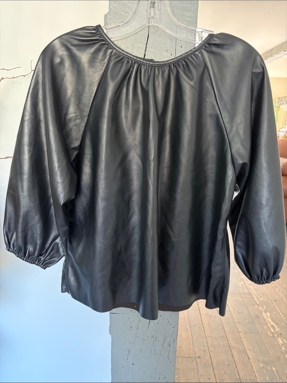 Black Faux Leather Peasant Blouse - Women Tops maison cinqcent